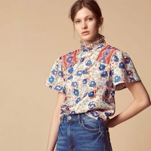 Sandro Paris Elodi Blouse Silk Floral High Ruffle Collar Braid Lace Top 8 Large